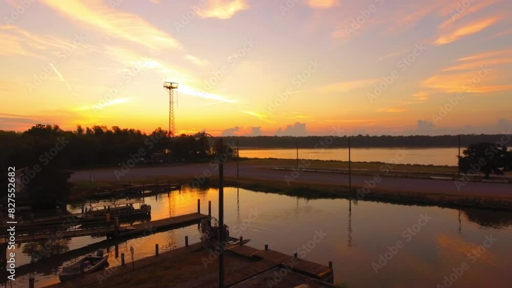 Aerial: Drone Panning Shot Of People Getting In Motorboat In River During Sunset - Bayou Vista, Texas Aerial: Drone Panning Shot Of People Getting In Motorboat In River During Sunset - Bayou Vista, Texas