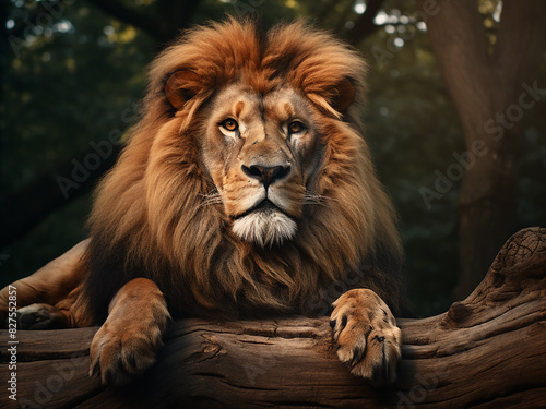 Close-up showcases lion at rest on log