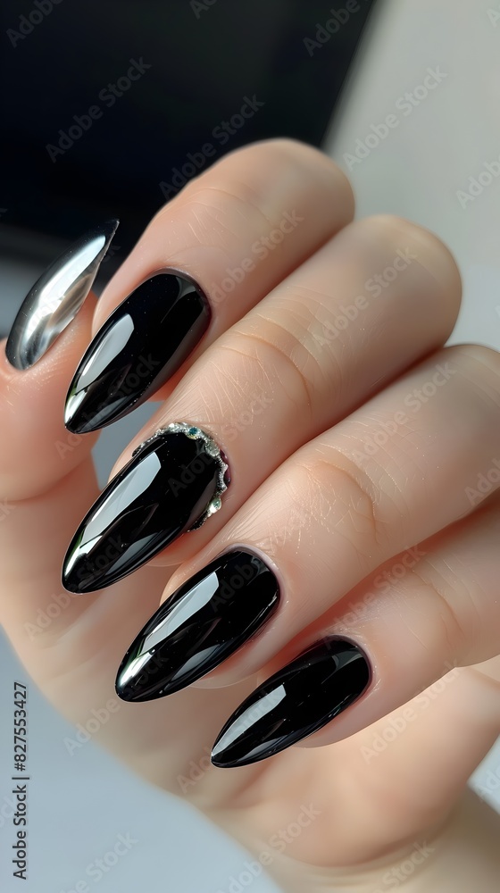 Sleek and Sophisticated Black Nails with Radiant Silver Foil Detailing Sleek and Sophisticated Black Nails with Radiant Silver Foil Detailing