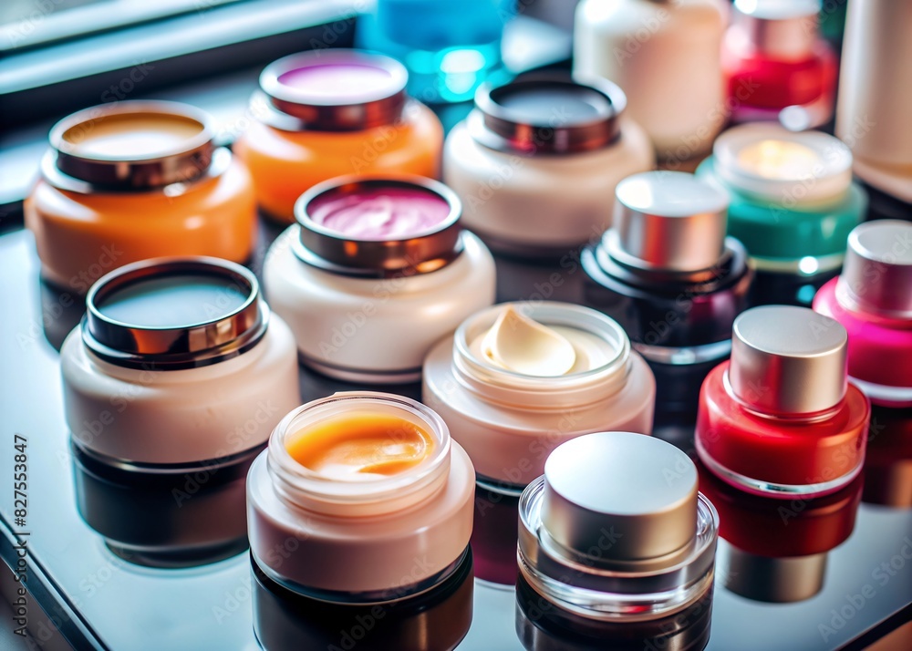 A captivating display of facial skincare products at a cosmetics store. The stand, filled with an array of bottles and jars, offers a multitude of choices for skin health and beauty. A captivating display of facial skincare products at a cosmetics store. The stand, filled with an array of bottles and jars, offers a multitude of choices for skin health and beauty.
