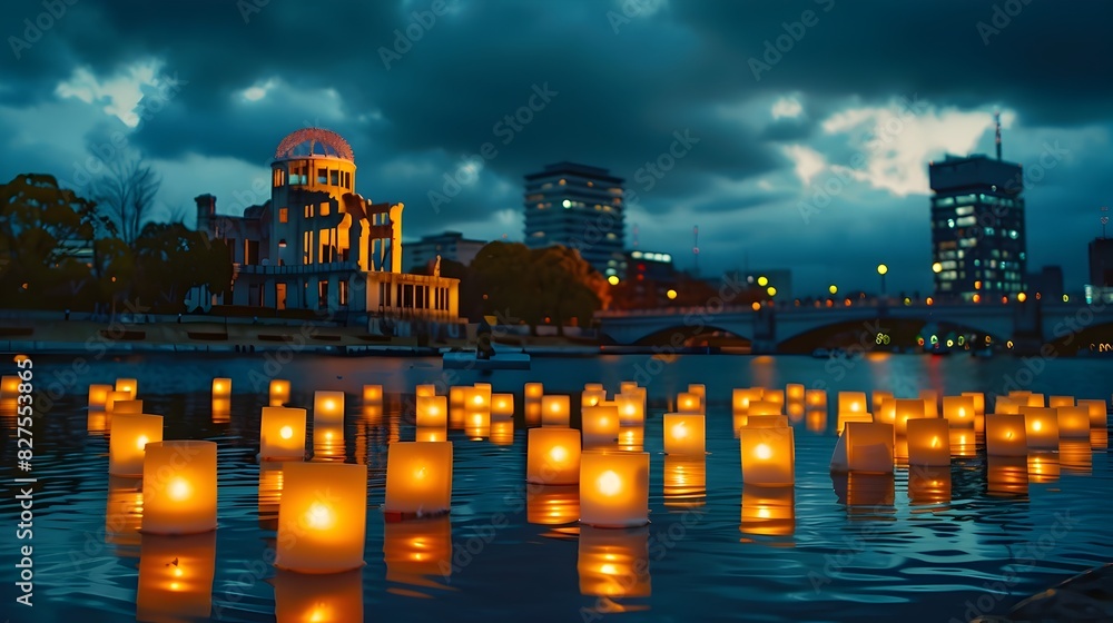 Naklejka premium Tranquil Candlelight Vigil on Riverside Cityscape at Dusk
