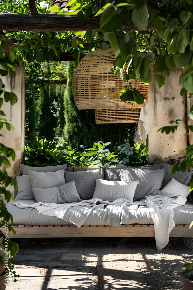 A light wooden garden bed with white linen and grey cushions under an open, modern gazebo in the sunlit courtyard surrounded by lush greenery
