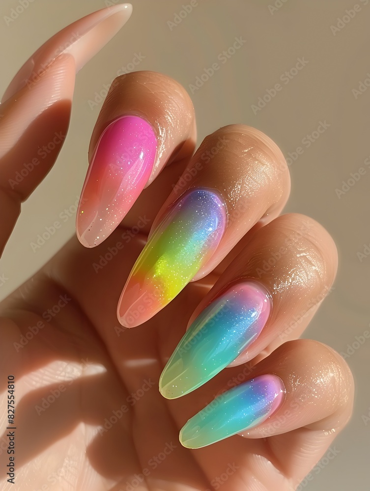 Vibrant Rainbow Gradient Nails with Glossy Finish on Clean Background Vibrant Rainbow Gradient Nails with Glossy Finish on Clean Background