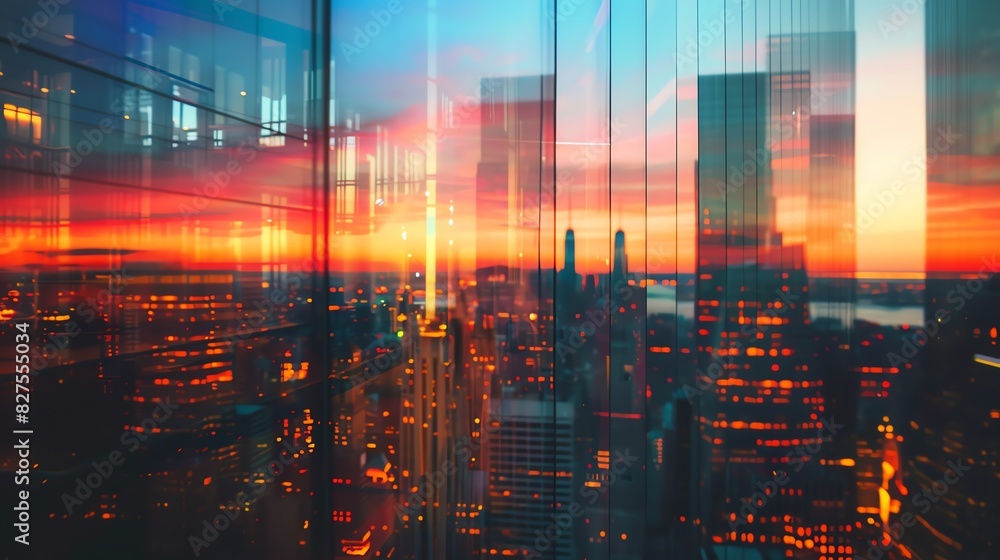 Obraz premium Cityscape at sunset, skyline, highrise buildings, urban landscape, modern architecture close up, focus on, copy space, vibrant hues, Double exposure silhouette with city skyline