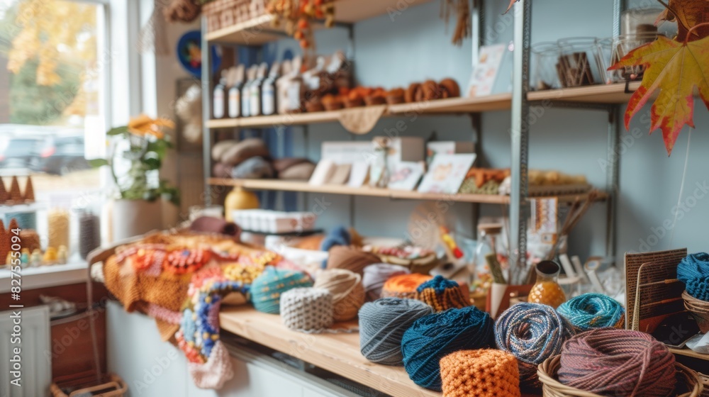 A creative workshop space with materials for making crochet autumn decorations, including finished products displayed on shelves