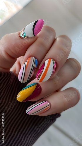 Vintage Circus Inspired Nail Art with Vibrant Stripes and Bold Colors on a Clean Background