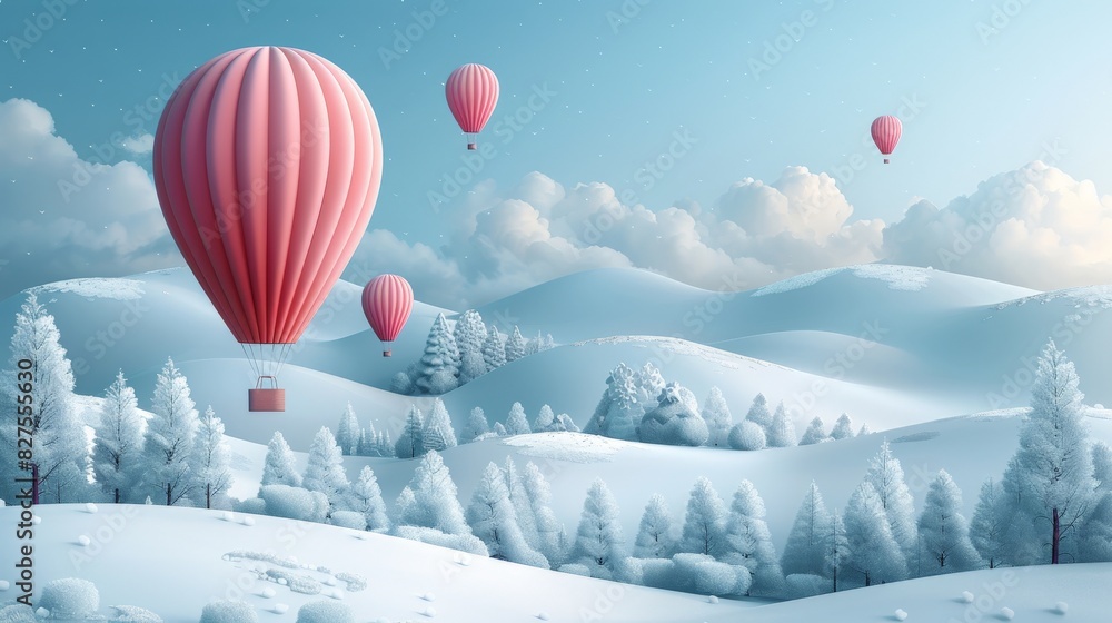 Fototapeta premium Create a winter balloon field scene, with balloons floating above a snowy landscape. Use a minimalist approach with cool colors and simple shapes to create a serene and tranquil image.