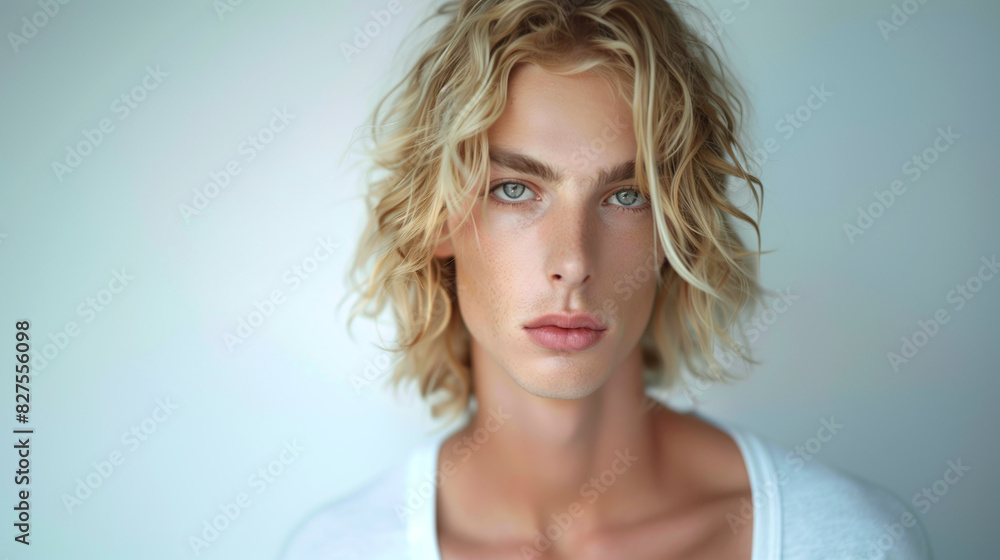 Close-up portrait of a young man with freckles and blonde hair. Intense gaze and natural beauty Close-up portrait of a young man with freckles and blonde hair. Intense gaze and natural beauty