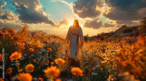 Christ goes to preach in the Jewish cities. Men walk through a meadow landscape. Bible times photo