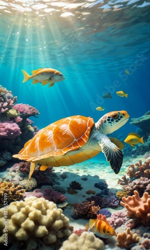 A sea turtle gracefully swimming among vibrant coral reefs, accompanied by colorful fish, illuminated by sunlight filtering through the clear water. A stunning underwater scene.