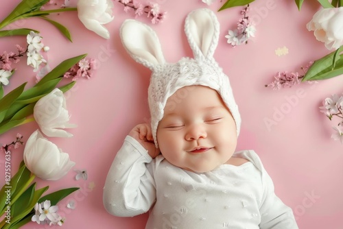 Newborn in white bunny ears, softly slumbering among delicate pink flowers