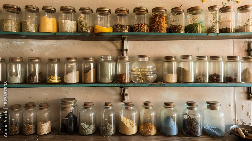 An ancient apothecary shop with jars of Ayurvedic powders and oils, showcasing traditional healing.