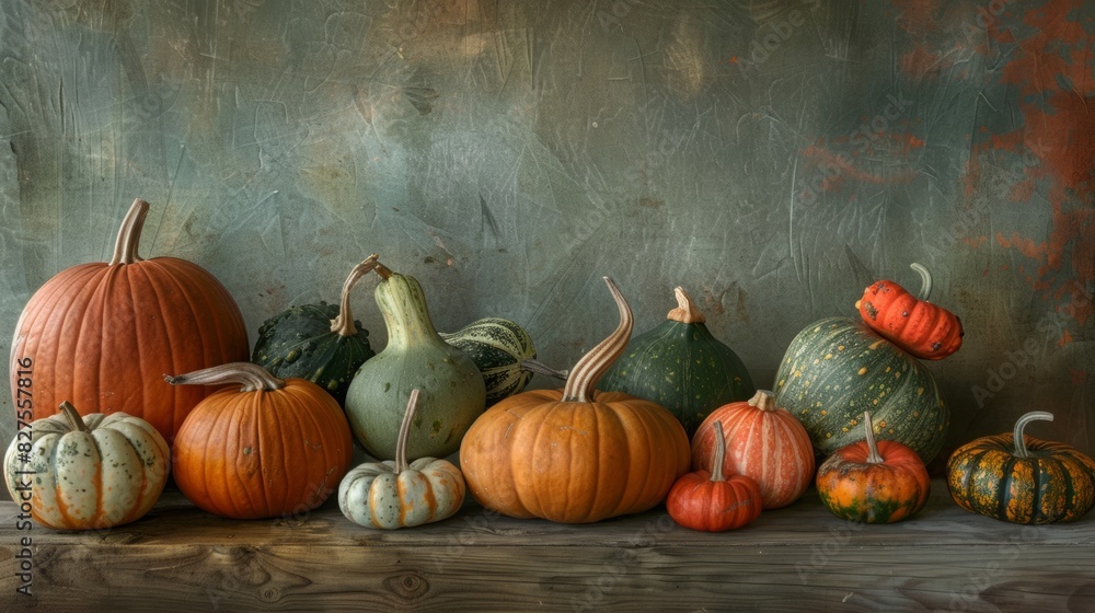 A Festive Composition of Various Pumpkins Emphasizing Rustic and Earthy Tones, Set Against a Backdrop Ideal for Autumn Celebrations