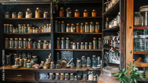 An old apothecary shop with wooden shelves and jars of Ayurvedic powders offers a glimpse into ancient wellness. photo