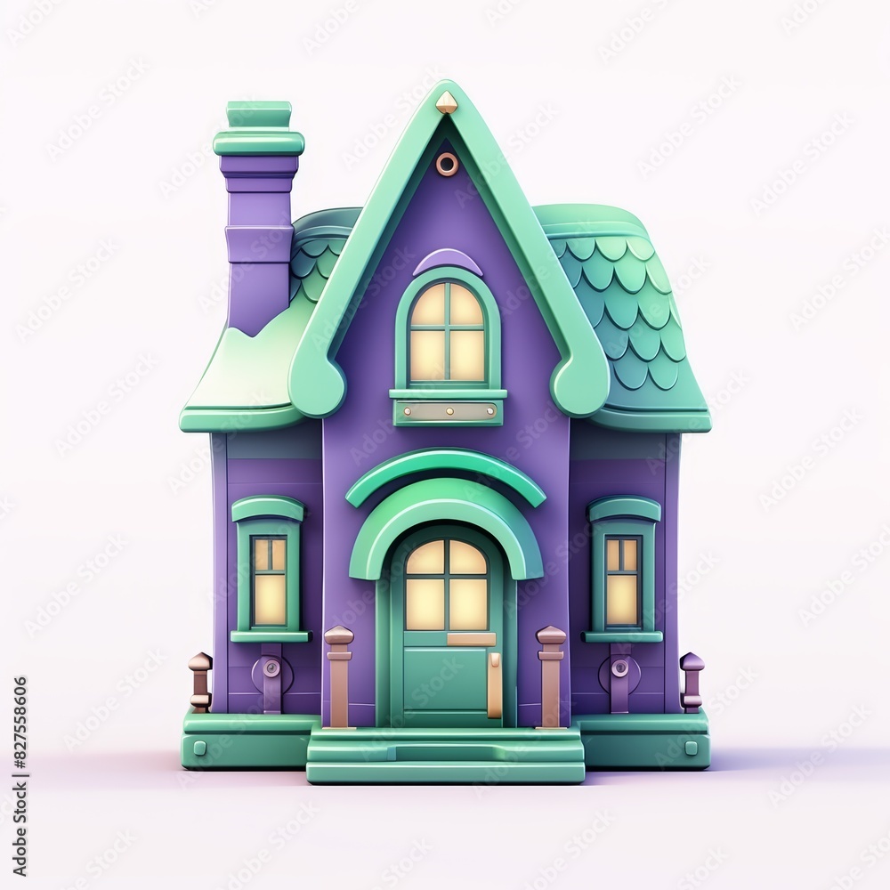 3D cartoon amethyst purple and sage green house with a cute, compact, and simple design 3D cartoon amethyst purple and sage green house with a cute, compact, and simple design
