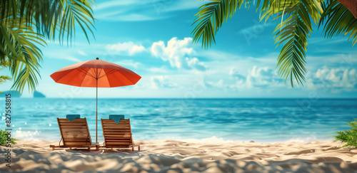 Relaxing Beach Scene with Two Lounge Chairs under an Orange Umbrella.