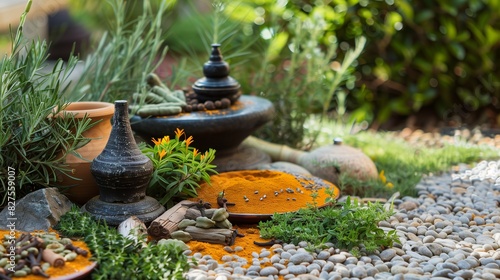 A tranquil Zen garden with Ayurvedic herbs and spices  ideal for meditation and relaxation.