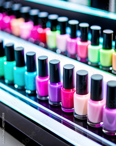 A captivating display of nail polish bottles in a cosmetics store. The stand, filled with a vibrant array of colors, offers a multitude of choices for beauty enthusiasts. 