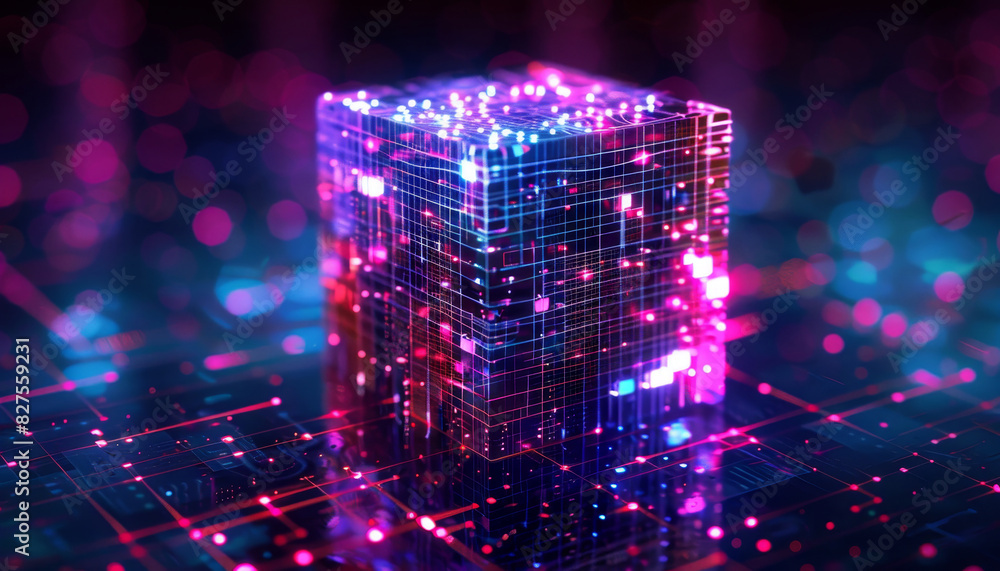 Fototapeta premium A cube with glowing lights on it is surrounded by a blurry background by AI generated image