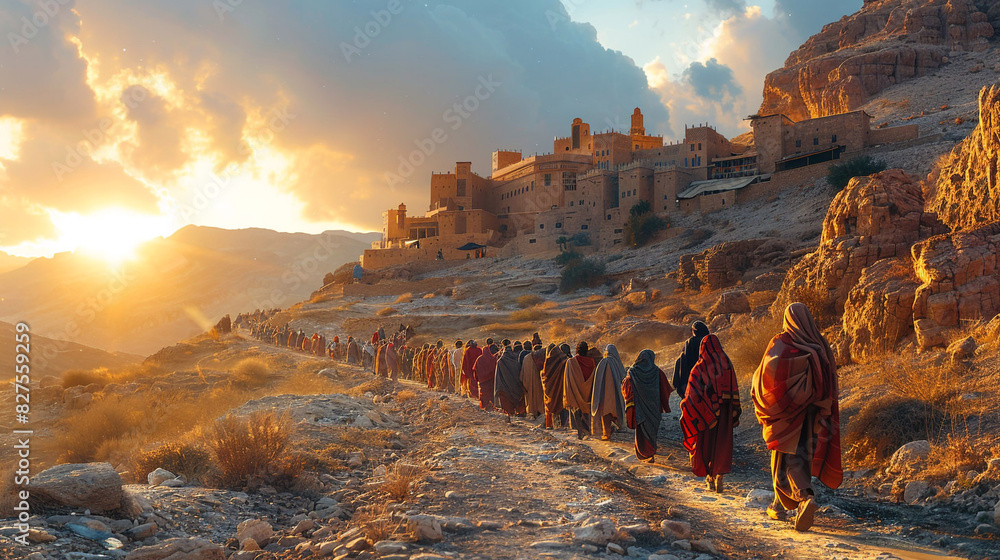 Fototapeta premium The apostles are going to preach in the Judean desert. Men walk along a sandy landscape near an ancient city. Bible times
