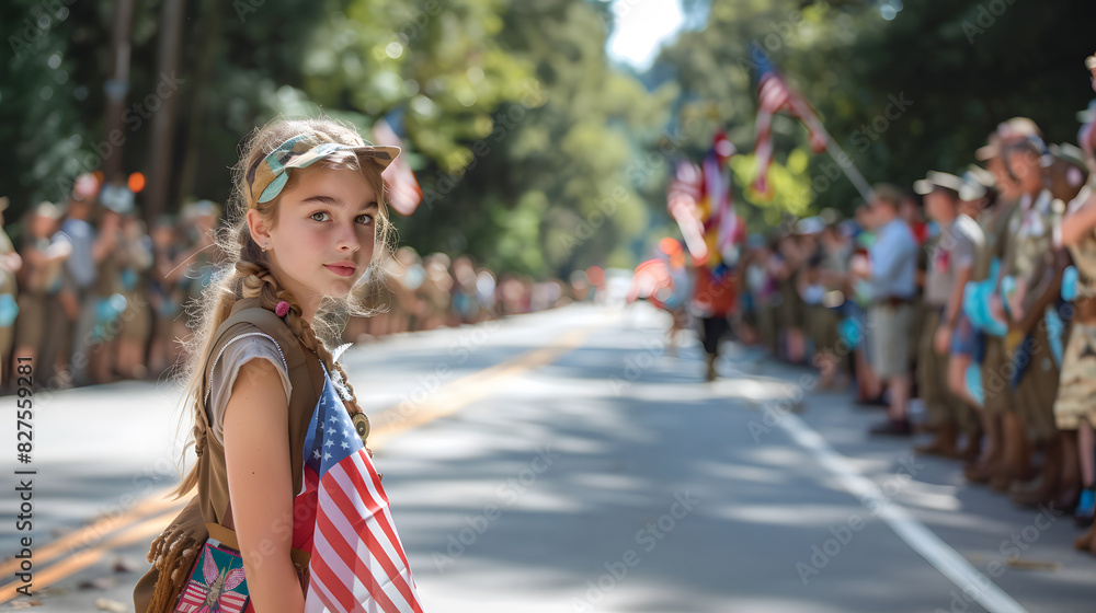 Girl in Scout uniform with an American flag participating in the July 4th parade Girl in Scout uniform with an American flag participating in the July 4th parade