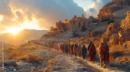 The apostles are going to preach in the Judean desert. Men walk along a sandy landscape near an ancient city. Bible times photo