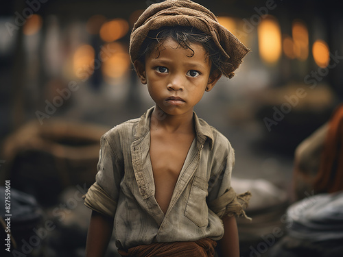 Young children depicted in impoverished attire, highlighting issues of poverty and child labor photo