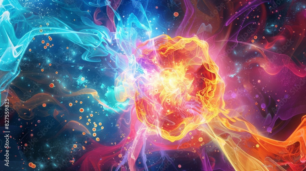 Fototapeta premium An abstract interpretation of nuclear fission, with colorful particles and energy waves, in a modern, vibrant art style 