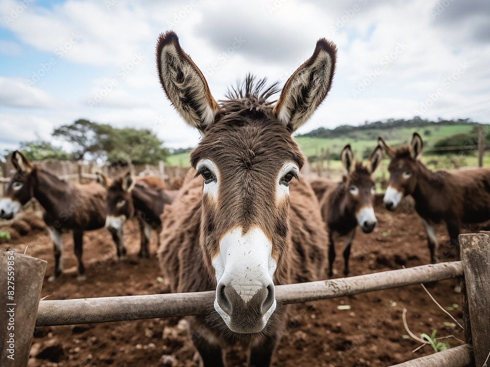 Donkeys mingle in a cattle pen at an organic farm