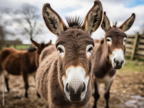 Cute and funny brown donkeys, domesticated members of the equidae family photo