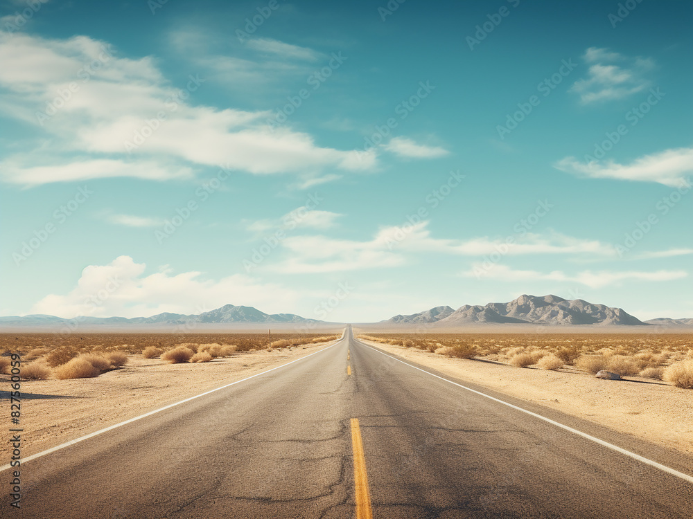 A bluish-toned desert highway leads onward, symbolizing a path to the unknown A bluish-toned desert highway leads onward, symbolizing a path to the unknown