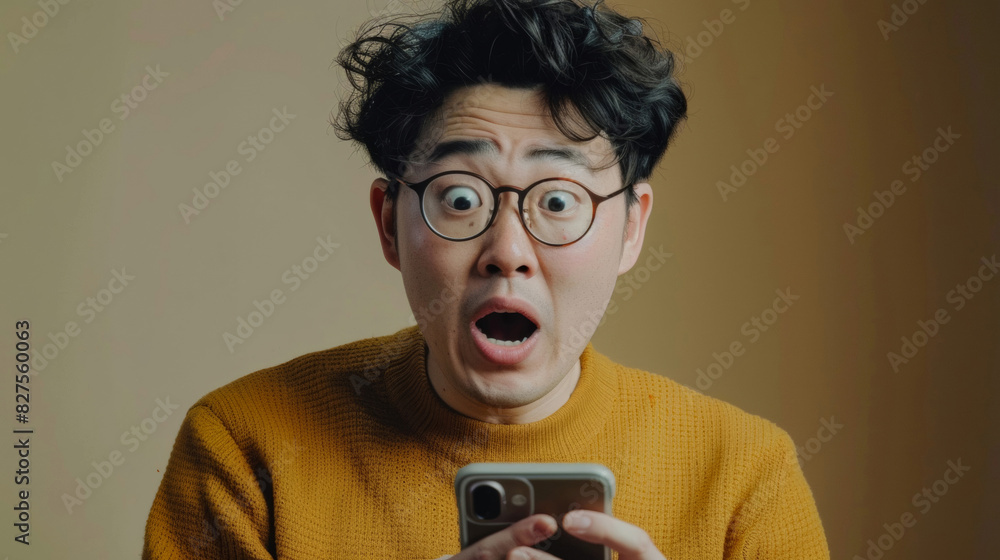Fototapeta premium Young man with glasses and curly hair looks shocked while holding a smartphone, conveying surprise and disbelief at what he is seeing.