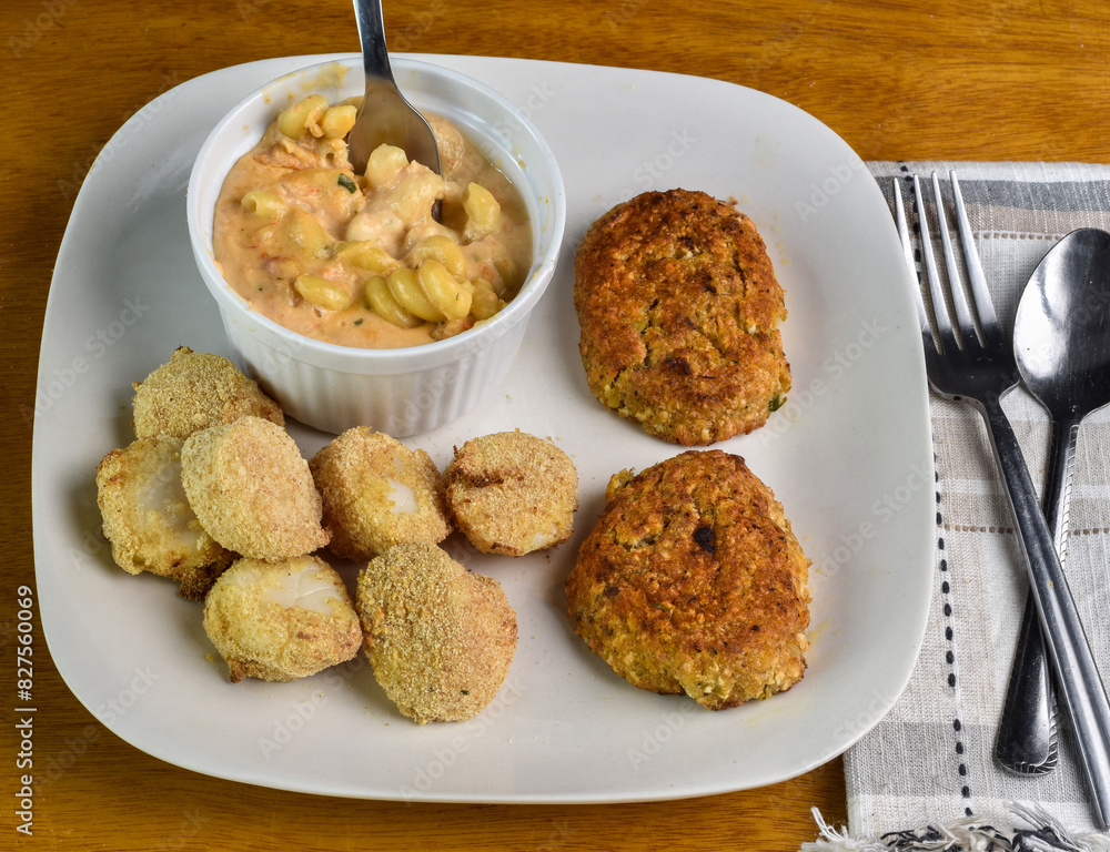 scallops with crab cakes and lobster mac and cheese