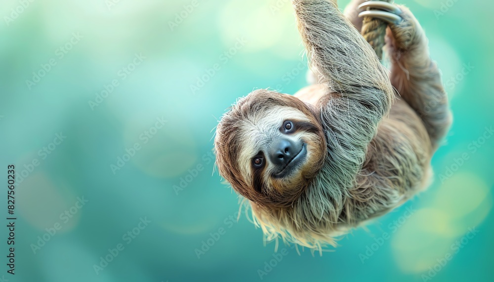 Fototapeta premium Close-up of a smiling sloth hanging from a branch against a blurred green background, capturing its relaxed nature and charming expression.