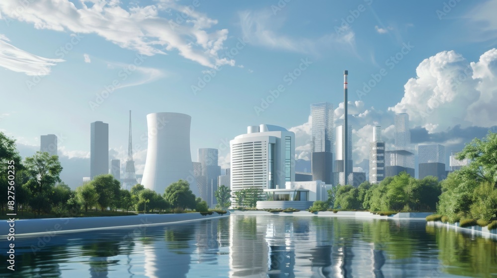 Fototapeta premium A small modular nuclear power plant seamlessly integrated into an urban environment, providing clean energy to the city, in a futuristic cityscape. --ar 16:9 --style raw