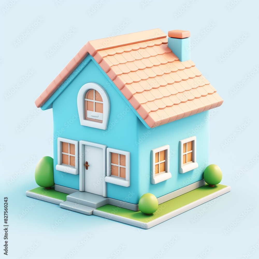 3D cartoon cyan color house with a cute, compact, and simple design 3D cartoon cyan color house with a cute, compact, and simple design