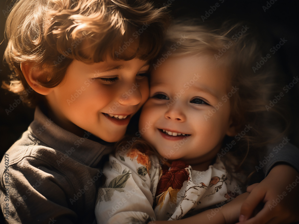 Family love evident as elder brother hugs baby sister, fostering a sense of protection Family love evident as elder brother hugs baby sister, fostering a sense of protection