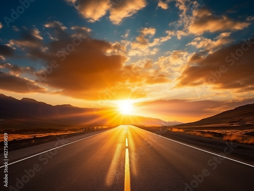 Evening hues adorn a deserted highway, kissed by sunbeams through clouds photo