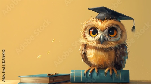 Cute owl wearing a graduation cap, sitting on books. Ideal image for educational themes, achievement, and success.