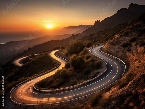 A winding mountain road vanishes into the sunset, capturing speed with blur