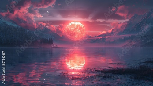 A large red moon is reflected in the water photo