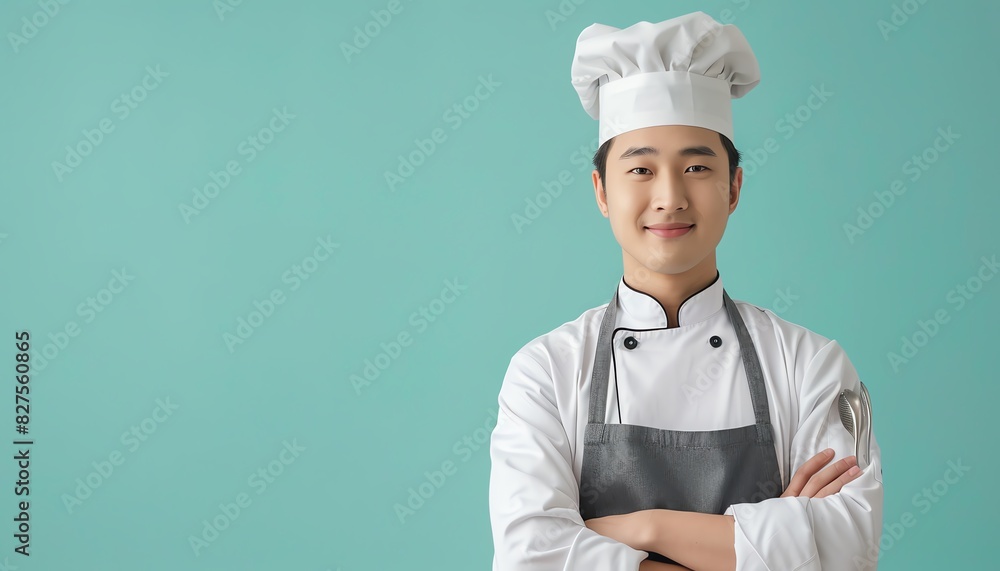 Professional chef with folded arms wearing white uniform and hat, standing confidently against a light blue background. Culinary expertise and confidence. Professional chef with folded arms wearing white uniform and hat, standing confidently against a light blue background. Culinary expertise and confidence.