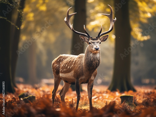 Majestic stag  adorned with antlers  bathed in autumn light