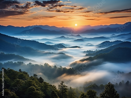 Majestic sunrise casts a dreamy glow over misty peaks © Llama-World-studio