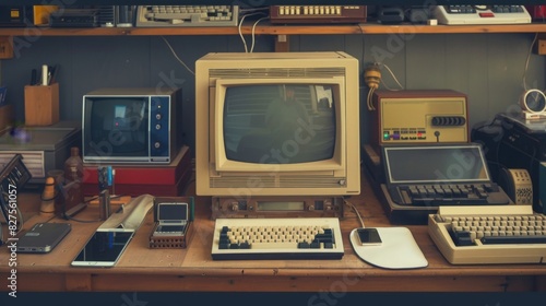 A vintage computer setup with a modern smartphone and gadgets, blending old and new technology  photo