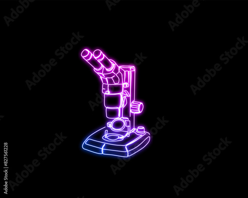 Neon light glow microscope. Continuous one line drawing of microscope labs. Research and science concept.