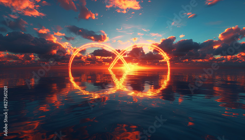 Visually captivating image featuring an infinity symbol glowing with the light of a vibrant sunset, perfectly reflected over a tranquil water surface, embodying the concept of endlessness and beauty photo
