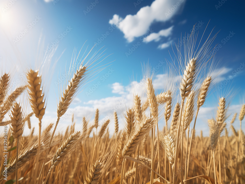 Fototapeta premium Rural idyll golden wheat field under feathered clouds, framed vertically