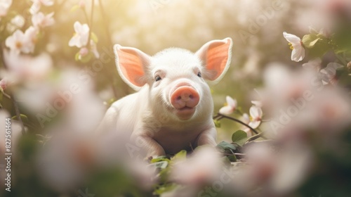 Portrait of happy pig rejoice with spring.
