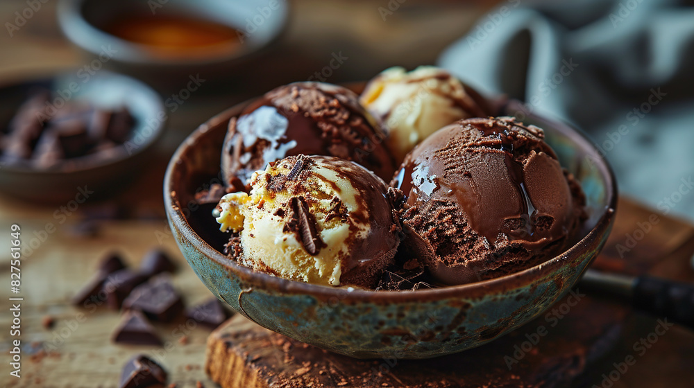 Delicious Artisanal Chocolate Ice Cream in Bowl On A Wooden Table With Spoon And Chocolate Truffles On Blurry Background Delicious Artisanal Chocolate Ice Cream in Bowl On A Wooden Table With Spoon And Chocolate Truffles On Blurry Background